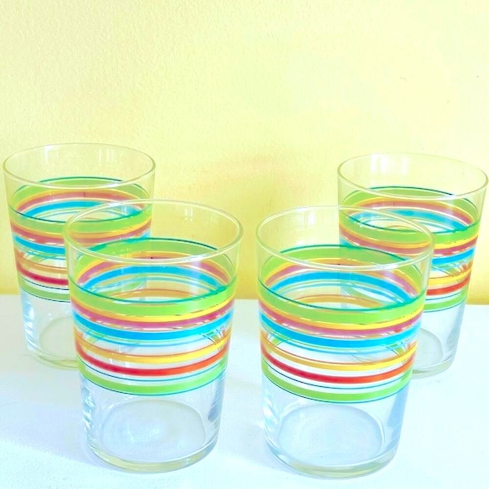 Vtg 70 Libbey Mid-Century Retro Fiesta Mambo Stripe Tumblers Glasses Rainbow
